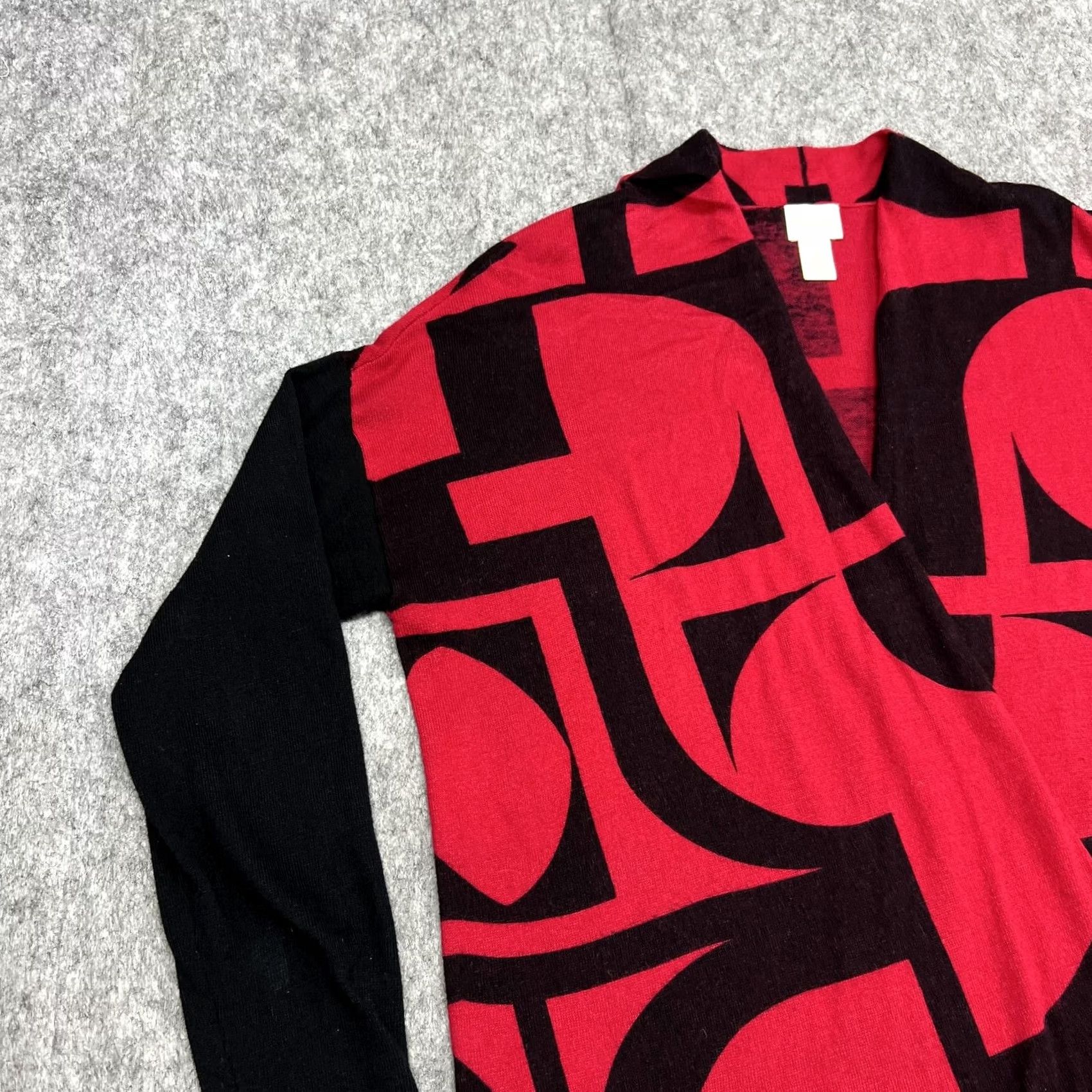 Vintage Chicos Cardigan Sweater Womens 1 Red Black Geometric Print Open Front Knit Prep Size XS / US 0-2 / IT 36-38 - 5 Thumbnail