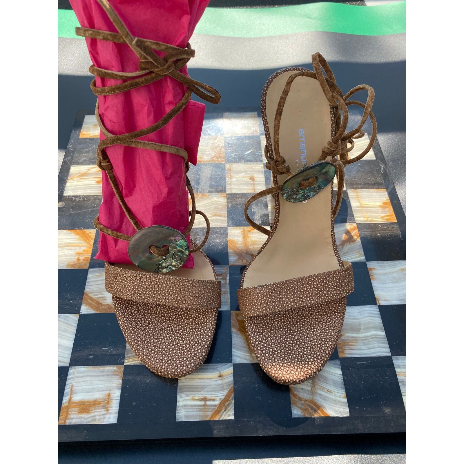Emanuel Ungaro Vintage Emanuel Ungaro Mosaic Shell Tie Up Heels Size US 7 / IT 37 - 4 Thumbnail