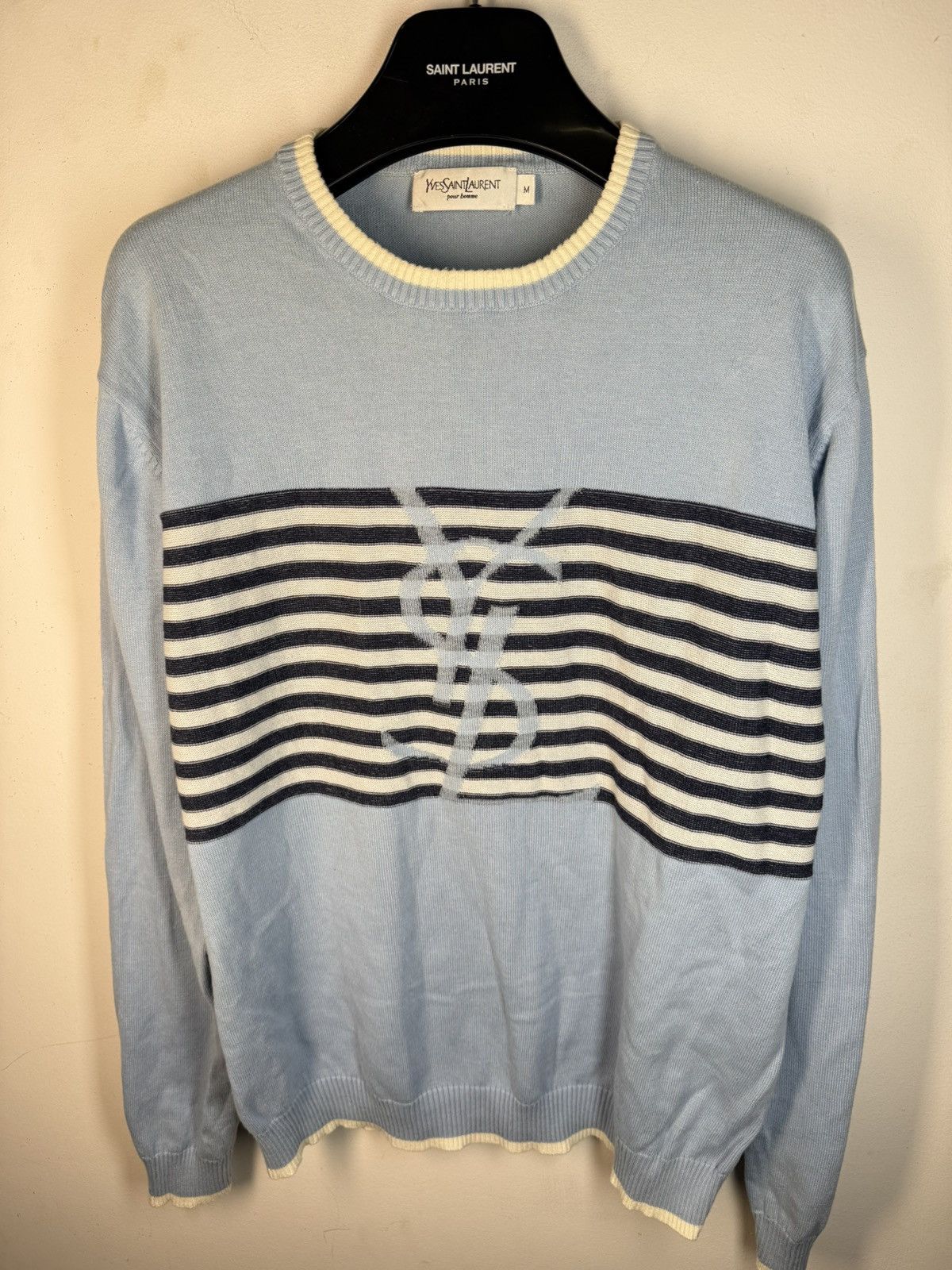 Yves Saint Laurent Blue YSL Sweater Knit Light Big Logo Size US M / EU 48-50 / 2 - 15 Thumbnail