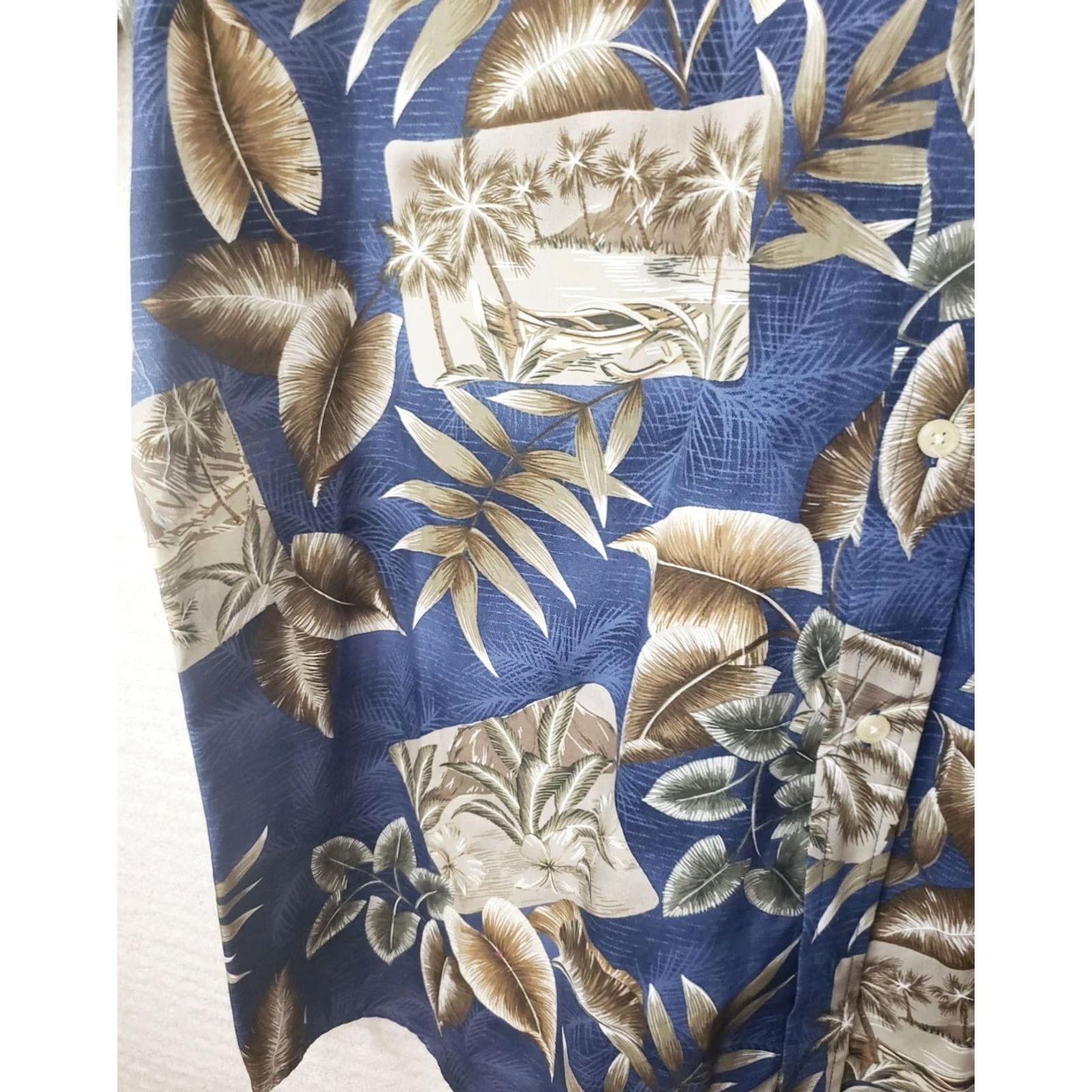 Vintage David Taylor Hawaiian Camp Shirt XLT Tan Blue Palms Ocean Mountains Men's Big & Tall Cotton Casual Summer Button-Up Collared Short Sleeve Relaxed Fit Size US XL / EU 56 / 4 - 7 Thumbnail
