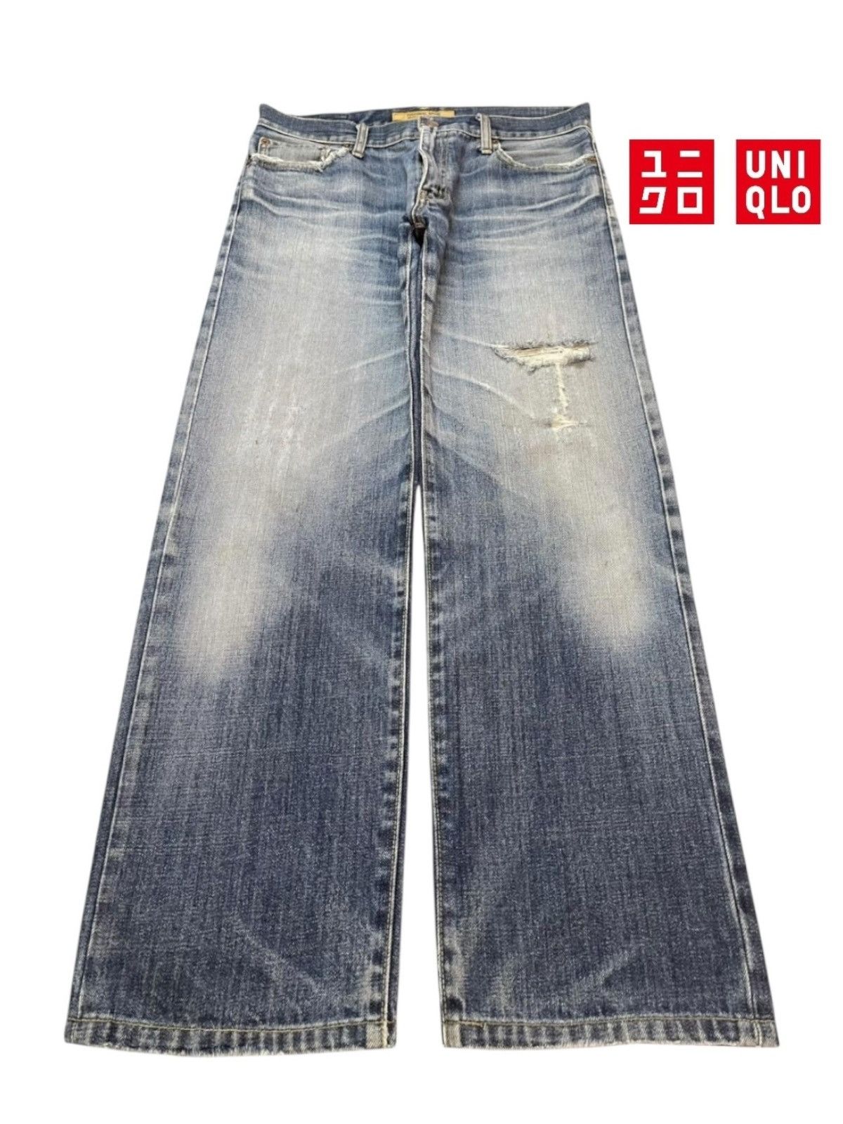 Uniqlo Vintage Y2k Japan Uniqlo Faded Wash Distress Wide Leg Baggy Size US 33 - 1 Thumbnail