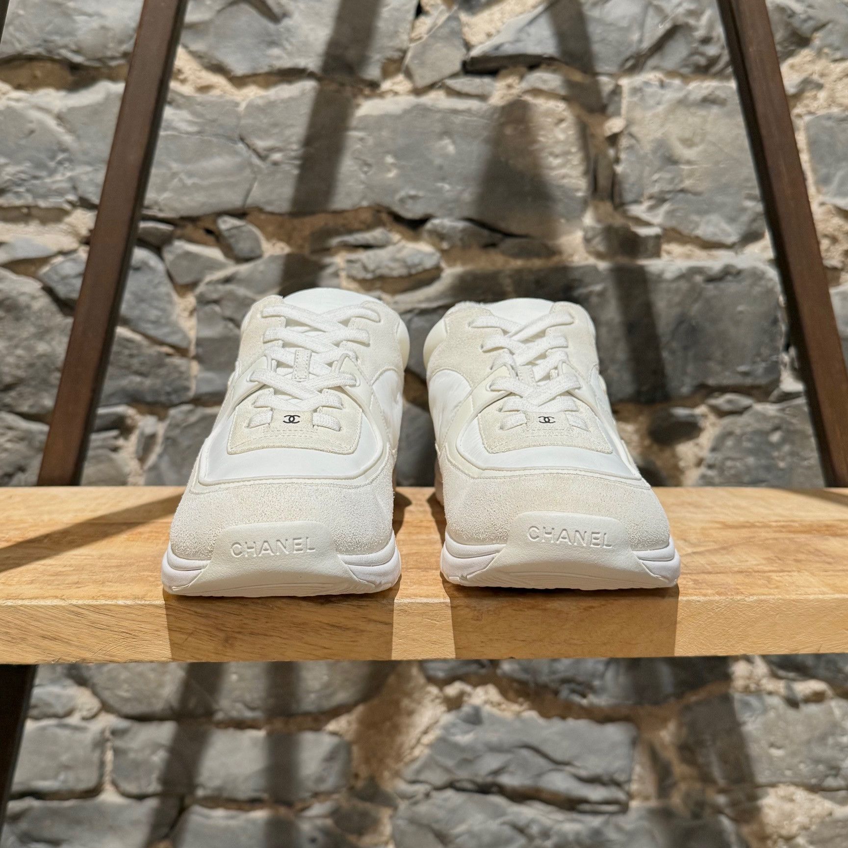 Chanel White Ivory Suede Nylon CC Reflective Sneakers