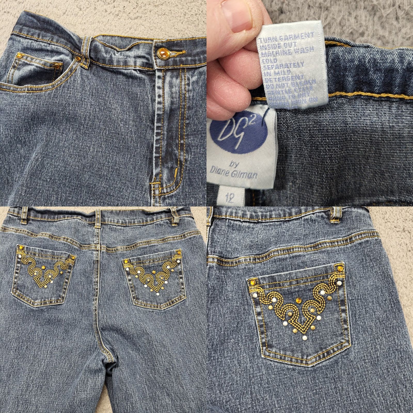 Denime DG2 Diane Gilman Jeans Women’s Size 12 Blue Denim Pants Embroidered Rhinestones Size 34" / US 12 / IT 48 - 8 Thumbnail