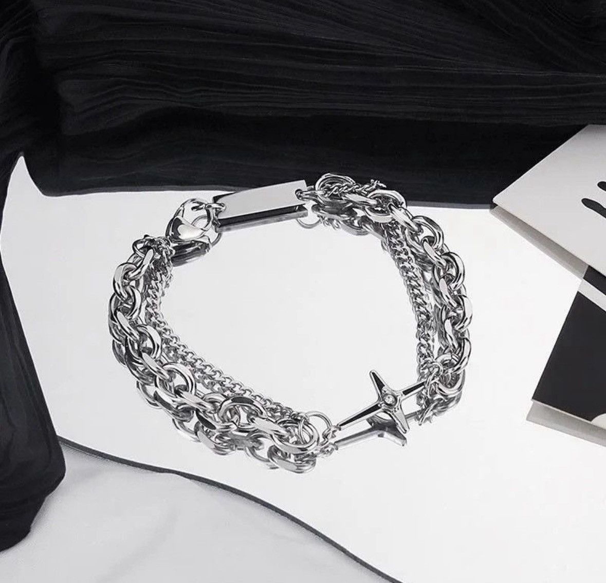Jewelry Chrome Silver Cross Bracelet Goth God Pendant Chain Size ONE SIZE - 1 Thumbnail