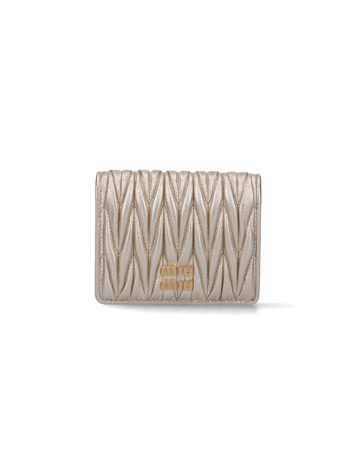 image of Miu Miu Miumiu Logo Matelassé Leather Wallet in Gold, Women's
