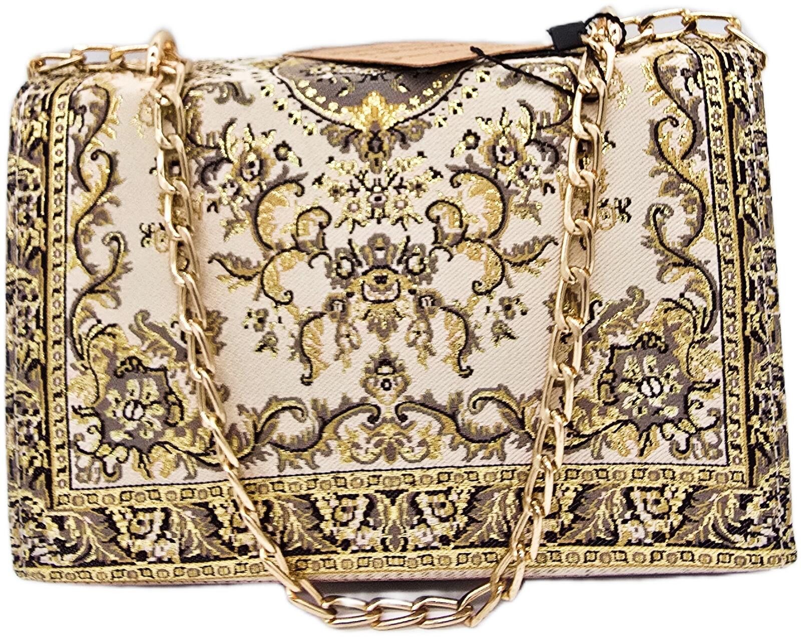 Unknown London Elegant Beige and Gold Patterned Chain Shoulder Bag Size ONE SIZE - 2 Thumbnail