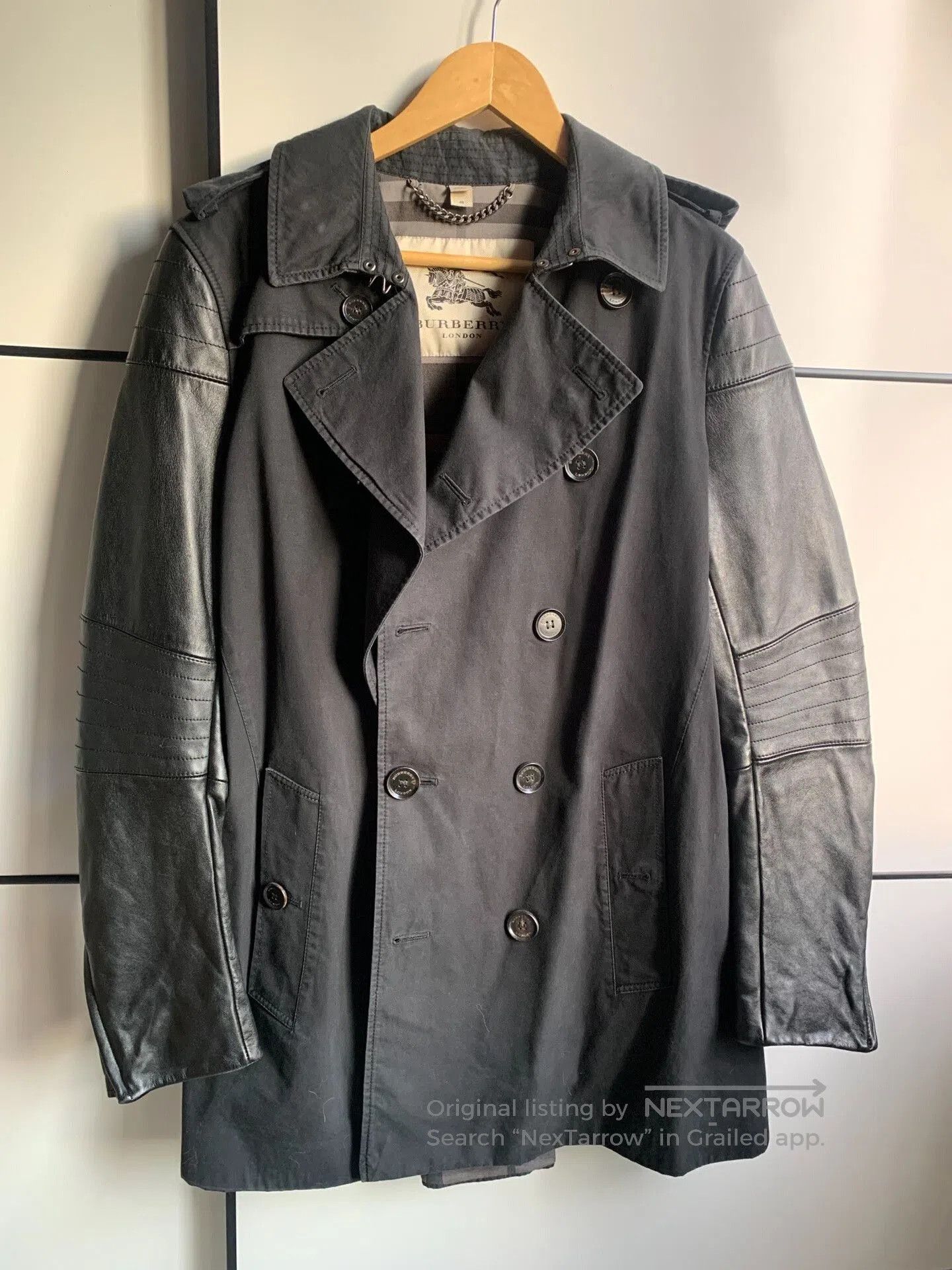 Burberry Black Leather Patch Trench Coat.