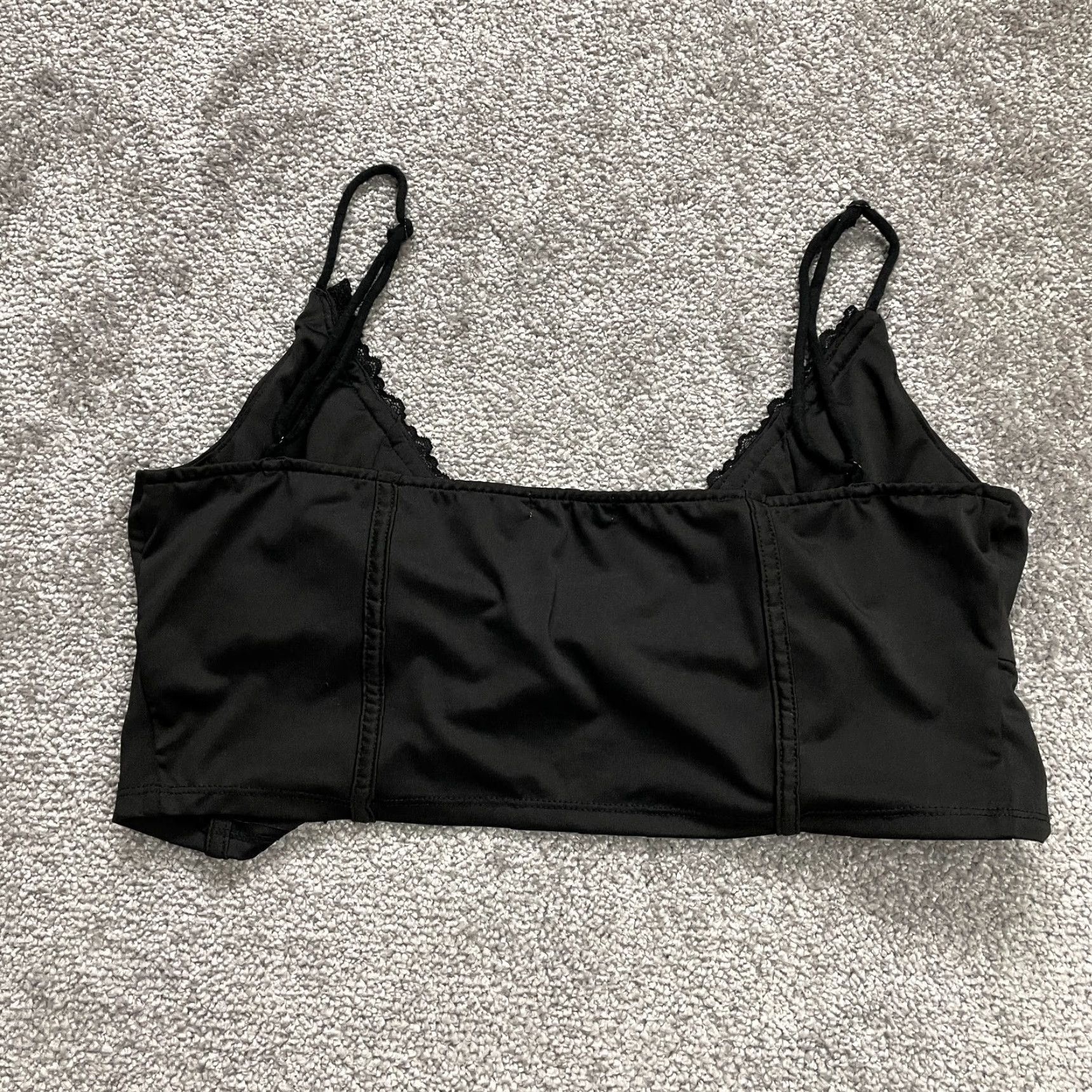 Vintage Occasion Cropt Top Women XL Solid Black Mini Lace Bustier Spaghetti Strap Stretch Tank Cropped Size XL / US 12-14 / IT 48-50 - 2 Thumbnail