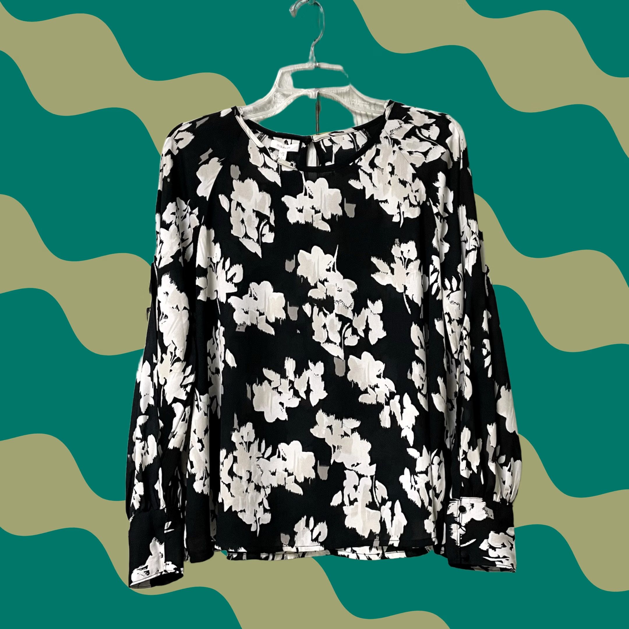 Vintage Maurices Blouse Shirt Women Black/White Floral Ikat Print Long Sleeve Split Slit Crew Neck Pullover L Casual Workwear Wedding Size L / US 10 / IT 46 - 1 Thumbnail