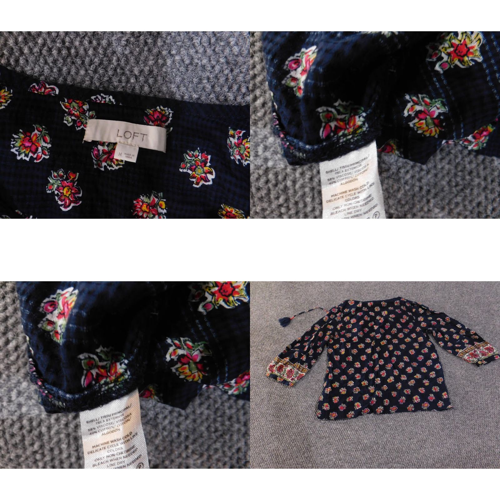 Loft LOFT Blouse - Navy Floral Embroidered 3/4 Sleeve Tunic Womens Medium V-Neck viscose Cotton Size M / US 6-8 / IT 42-44 - 8 Thumbnail