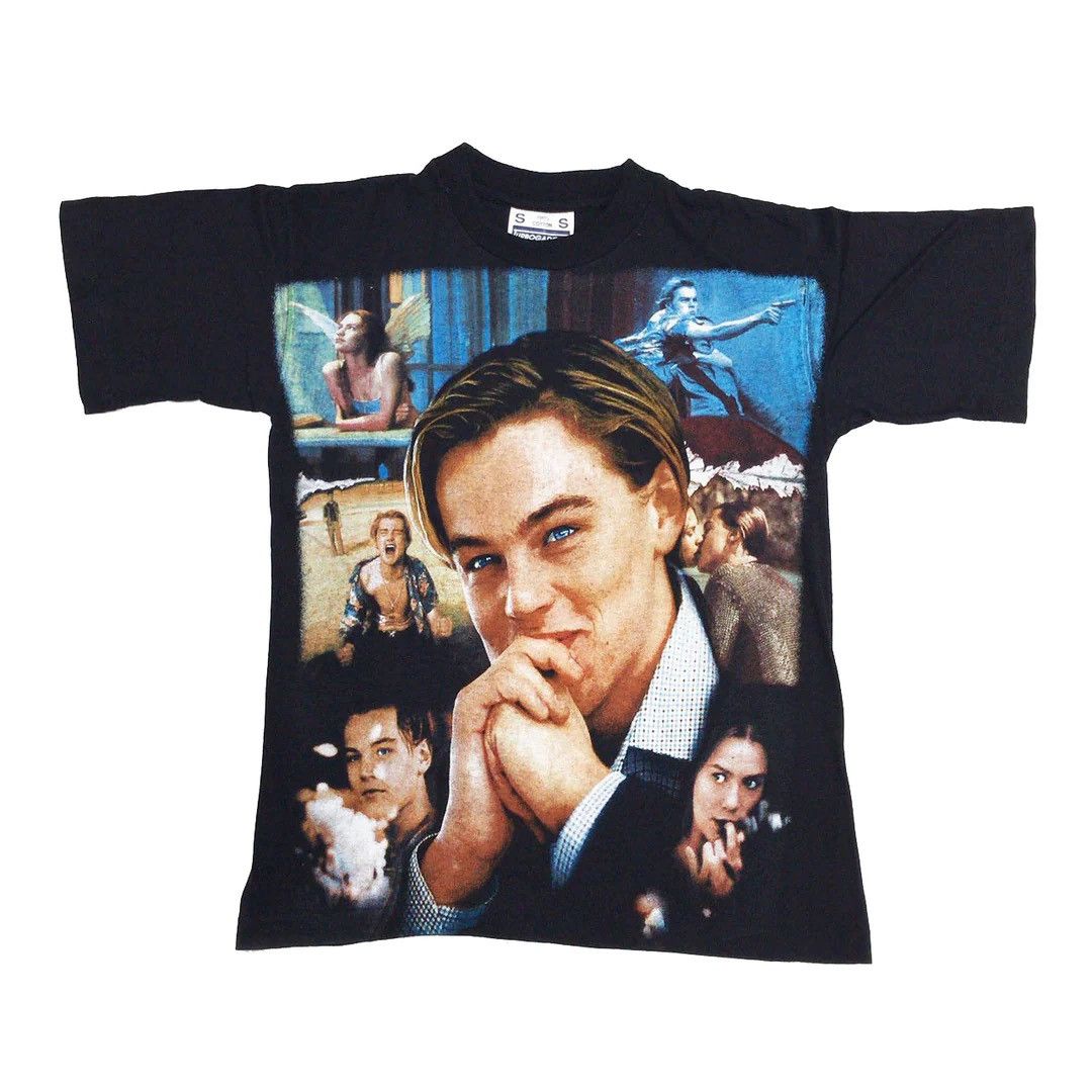 image of Leonardo Dicaprio 1996 90's Vintage Romeo + Juliet Movie Tee in Black, Men's (Size Small)