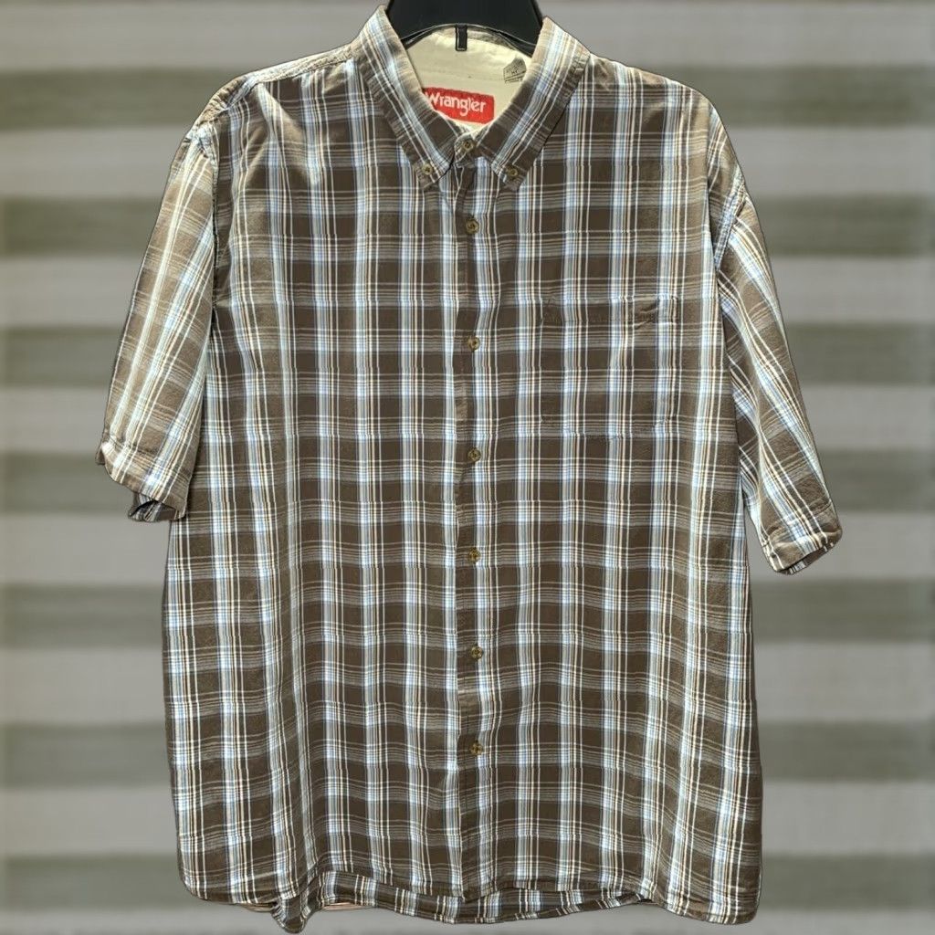 Wrangler Wrangler Shirt Mens XL Short Sleeve Brown White Blue Plaid Button Up Western Shirt Size US XL / EU 56 / 4 - 1 Thumbnail