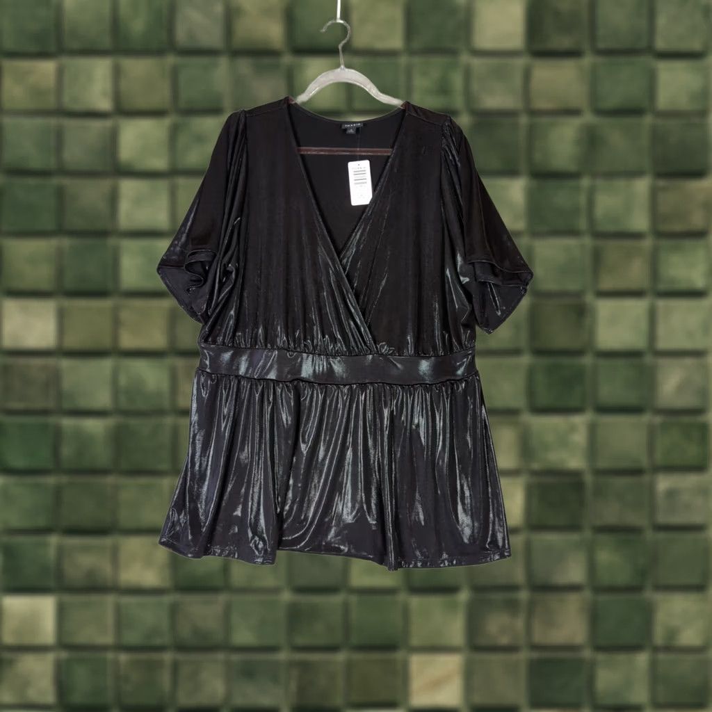 Torrid Torrid Blouse 3X V-Neck Surplice Peplum Top Flutter Sleeve Black Solid Knit Polyester Spandex Holiday Party Womens Size XXL / US 16-18 / IT 52-54 - 1 Thumbnail