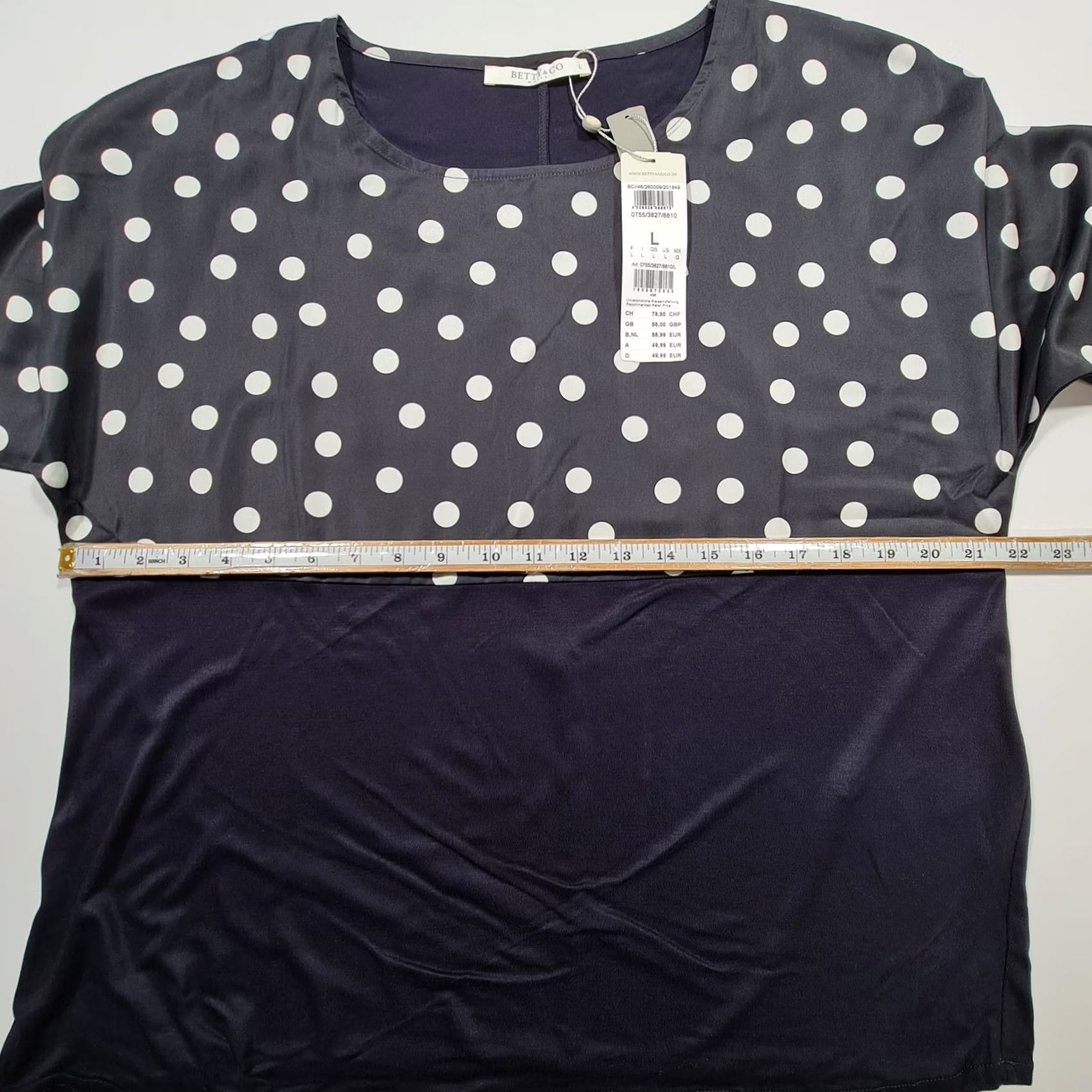 CO Betty & Co Womens T Shirt Navy Blue Polka Dot 3/4 Sleeve Top Large Size L / US 10 / IT 46 - 4 Thumbnail
