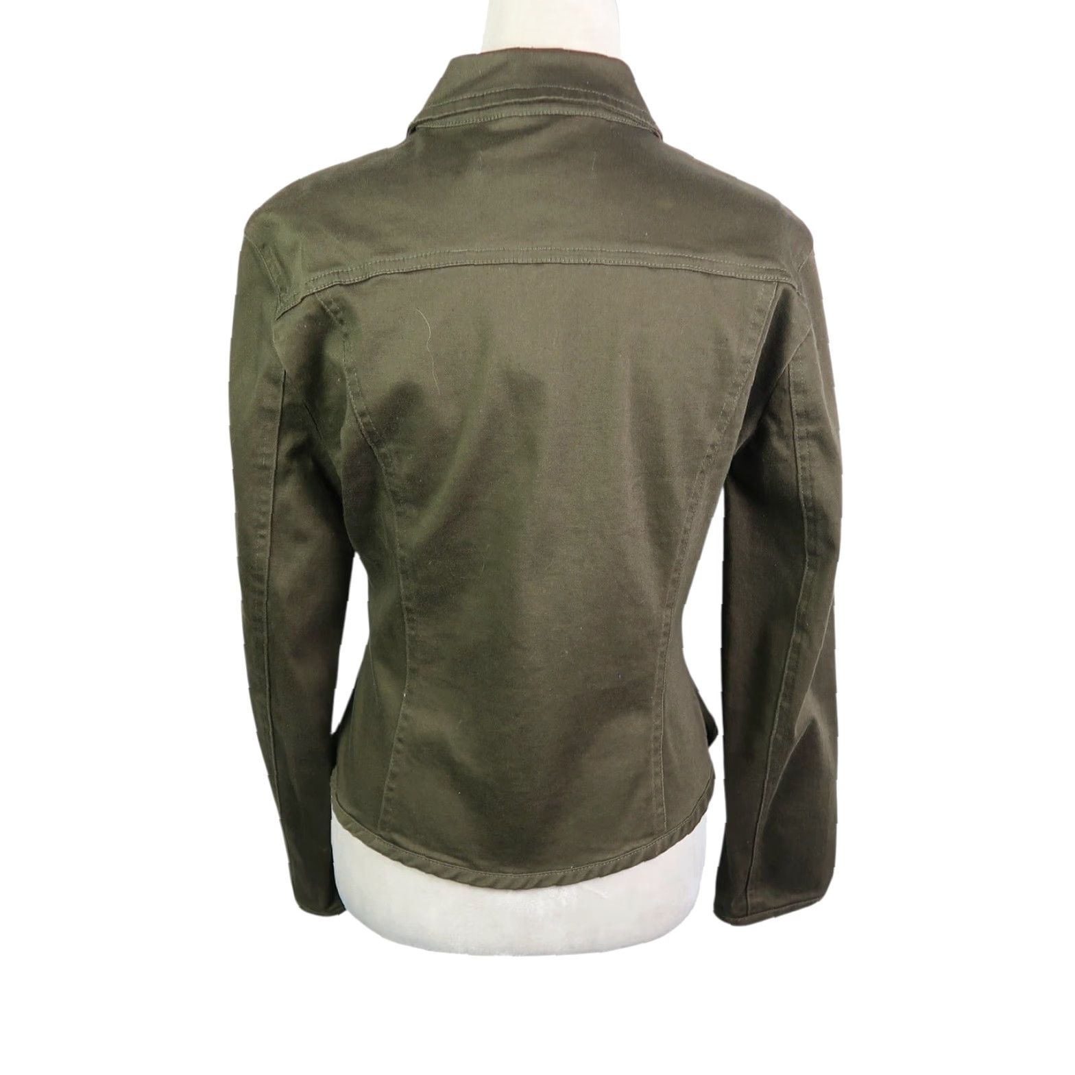 Olive VINTAGE Live A Little Denim Jacket M Olive Green Jacket Womens Short Cotton Solid Long Sleeve Casual 2000s Y2K Button Front Size M / US 6-8 / IT 42-44 - 3 Thumbnail