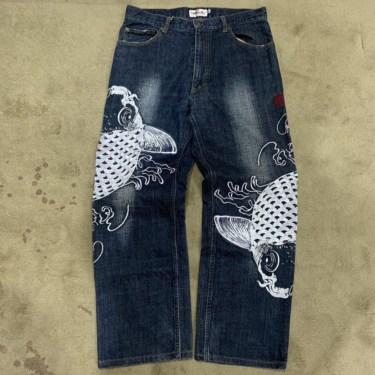 Karakuri Tamashii Vintage Karakuri Tamashii Koi Fish Embroidered Jeans Pants Size US 34 / EU 50 - 1 Thumbnail