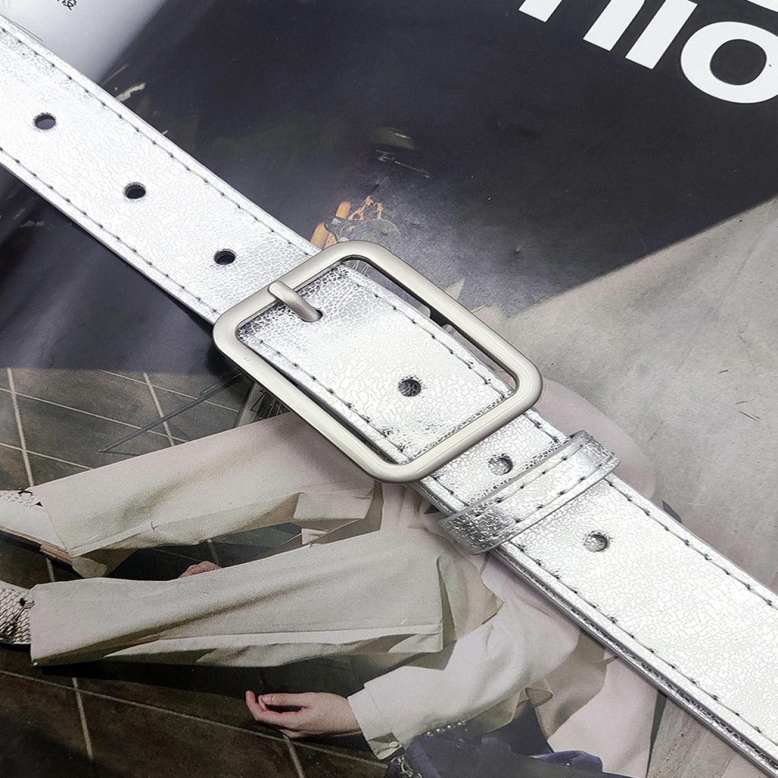 Leather Metallic Silver Belt with Sleek Buckle Size ONE SIZE - 6 Thumbnail