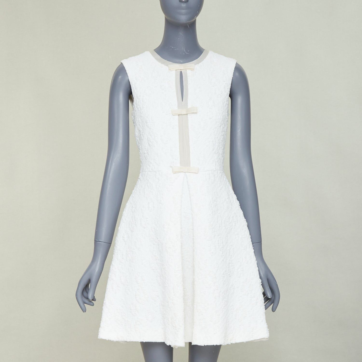 Giambattista Valli GIAMBATTISTA VALLI white flora boucle silk bow fit flare mini dress IT40 XS Size S / US 4 / IT 40 - 1 Thumbnail