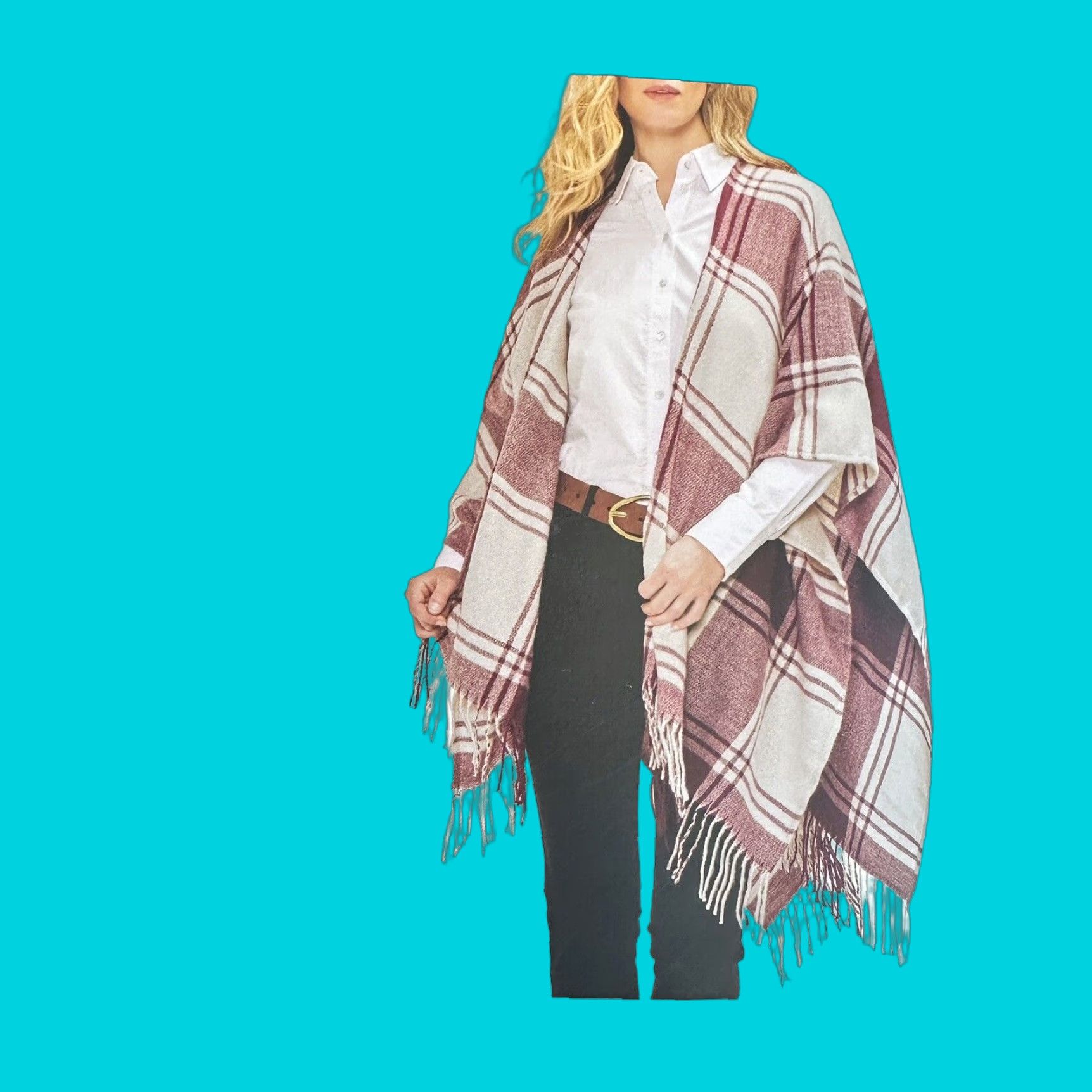 Banana Republic VINTAGE Banana Republic Womens Cashmere Blend Wrap Poncho Plaid Fringe One Size Red/White Boho Modern 90s Womens Size ONE SIZE - 1 Thumbnail