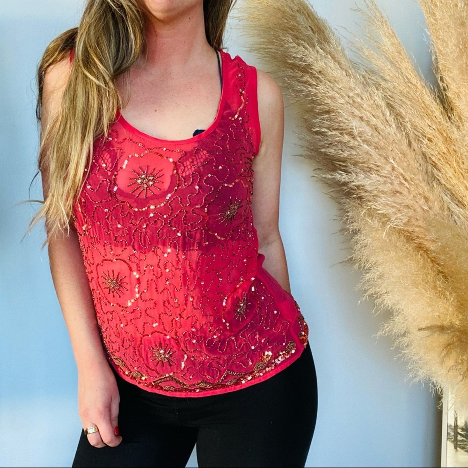 Anthropologie ANTHROPOLOGIE Pink Red Sequin Sheer Tank Top Blouse Shirt Size S / US 4 / IT 40 - 4 Thumbnail