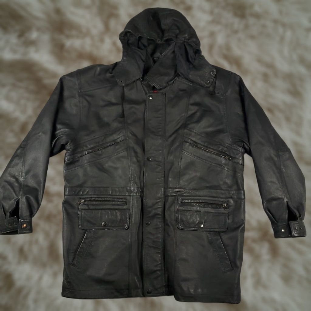 Vintage Phase 2 Jacket Mens Large Leather Hooded Parka Pockets Zipless No Zipper Black Size US L / EU 52-54 / 3 - 1 Thumbnail