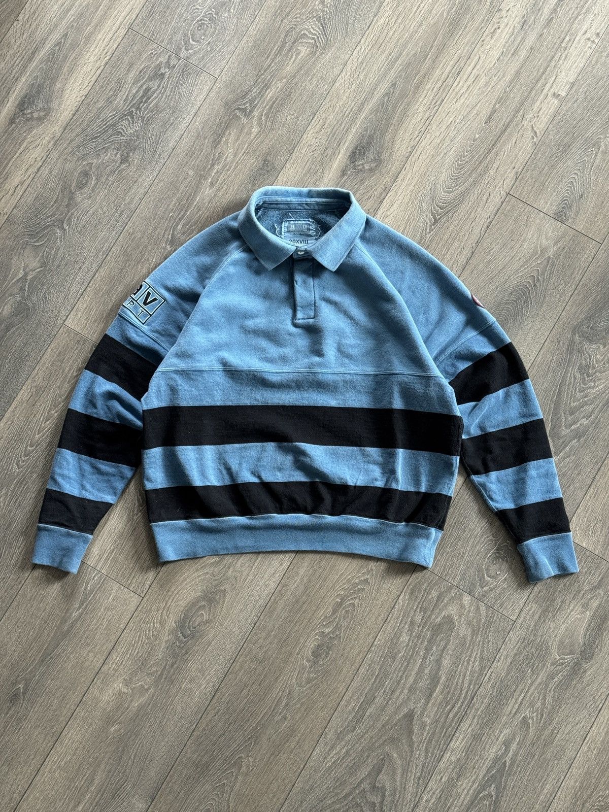 C.E CAVEMPT シーイー STRIPE COLLARED SWEAT L Cav Empt Cav Empt Blue Stripe Collared Polo Sweatshirt | Grailed