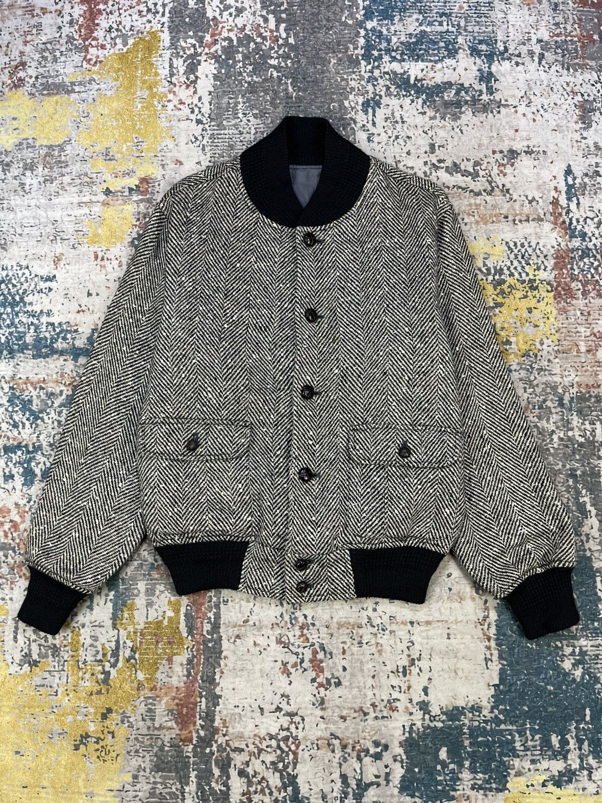 Van Vtg Van Herringbone Tweed Wool Bomber Jacket Size US XS / EU 42 / 0 - 5 Thumbnail