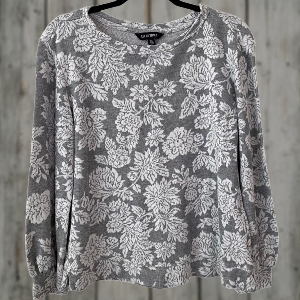 Ellen Tracy Ellen Tracy Gray Floral White Pattern Crewneck GrandmaCore Longsleeve Sweater-M Size M / US 6-8 / IT 42-44 - 1 Thumbnail