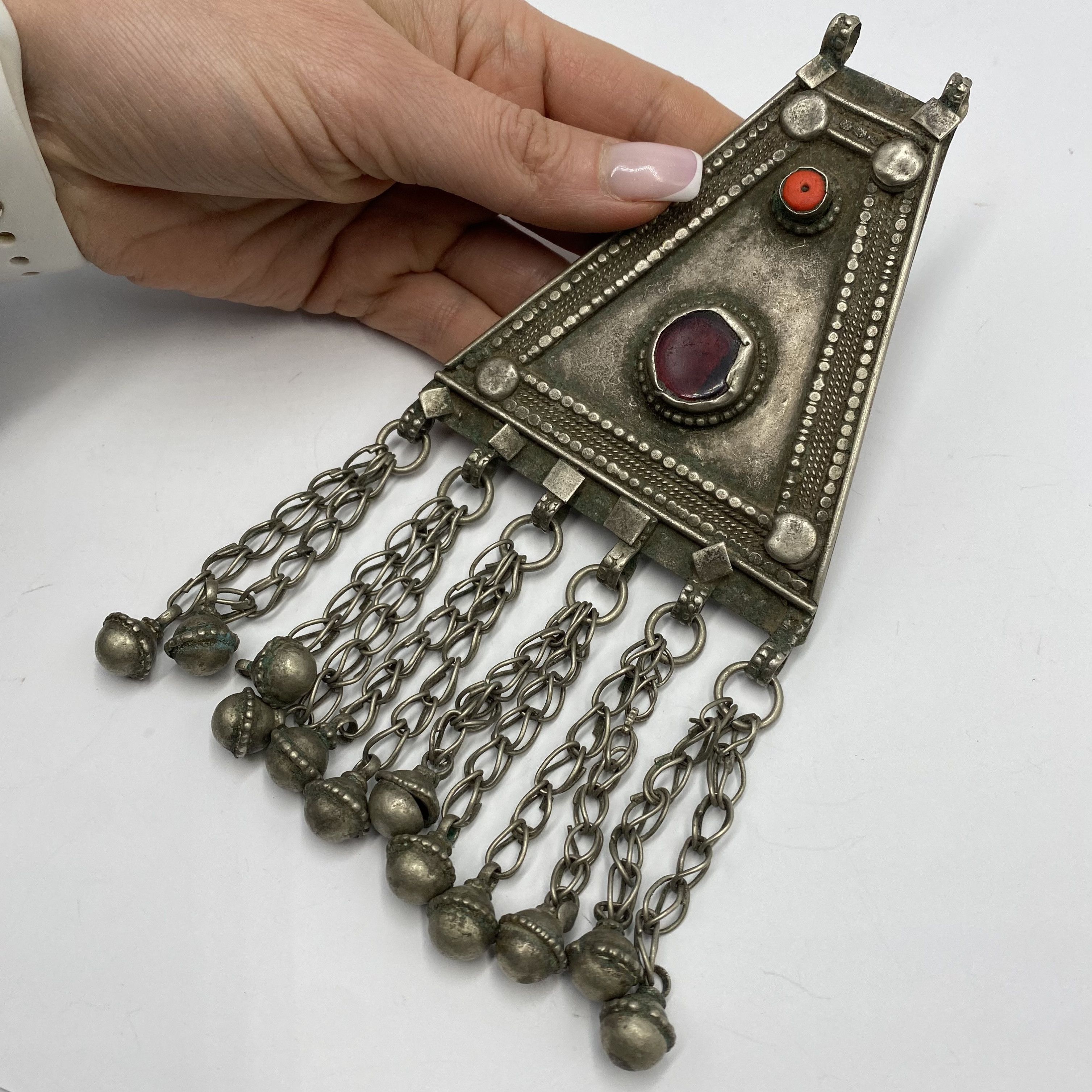 Vintage Massive Antique Yemenite Silver Coral Jewelry Pendant 120 gr Size ONE SIZE - 10 Thumbnail