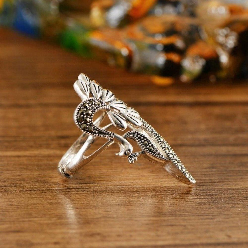 Designer Retro Peacock Animal Feather Antique Silver Ring - Size 6 Size ONE SIZE - 4 Thumbnail
