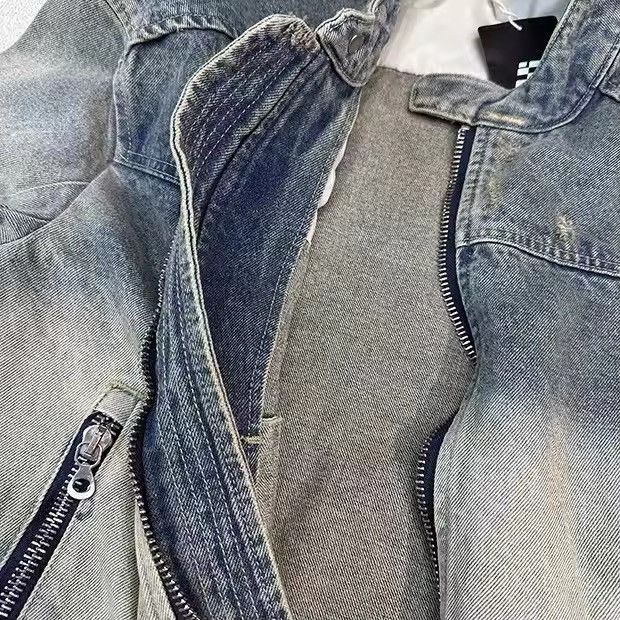 Japanese Brand × Vintage Collarless wash denim motorcycle jacket Size US M / EU 48-50 / 2 - 14 Thumbnail