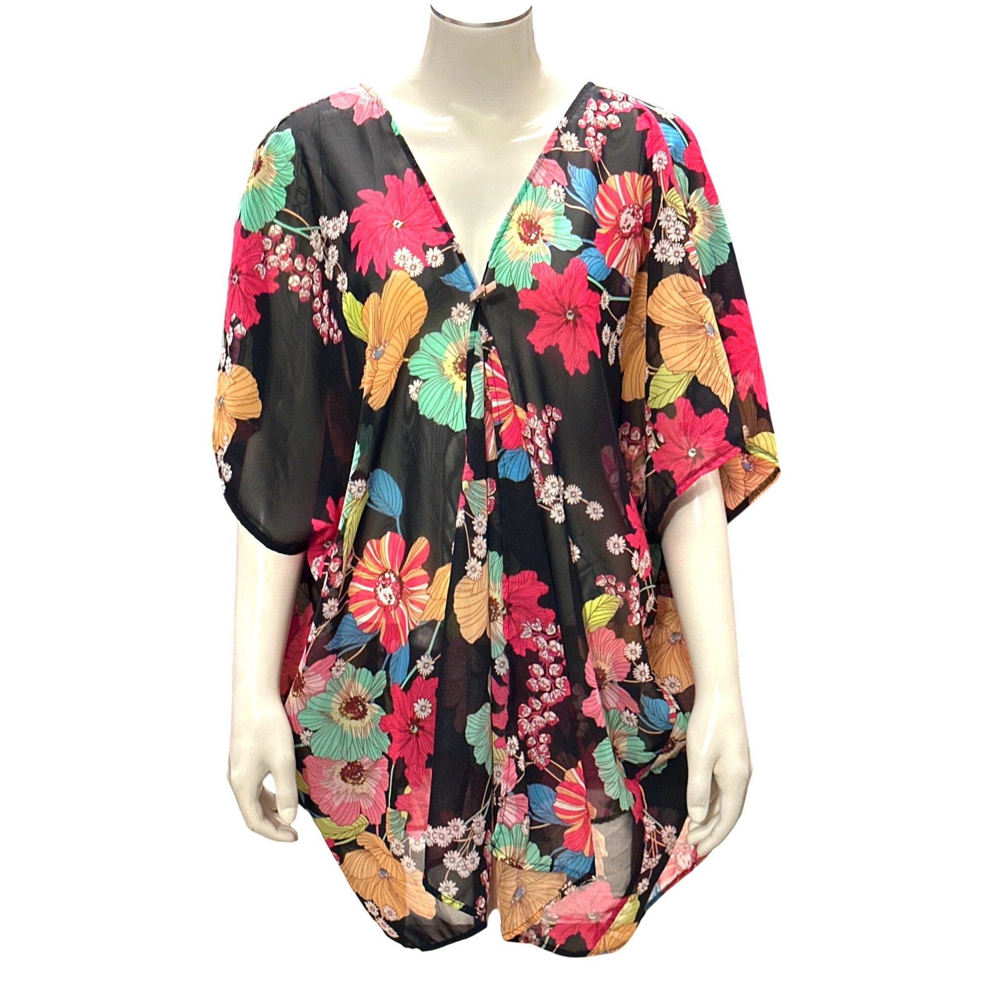 Other CCC Floral Sheer Black Print Tunic Cover Up V Neck Dolman Sl Size ONE SIZE - 1 Thumbnail