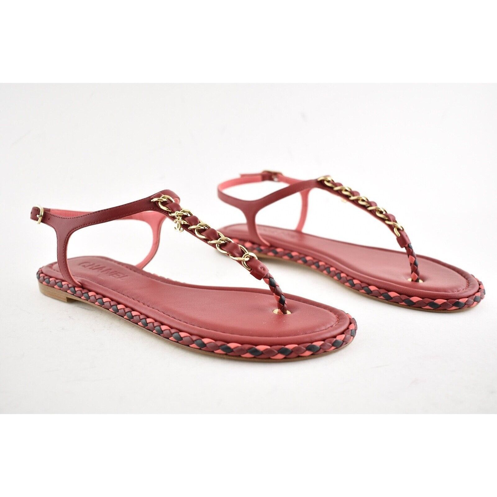 Chanel Chanel Red Braided Gold CC Logo Chain Thong Ankle Strap Size US 6 / IT 36 - 3 Thumbnail