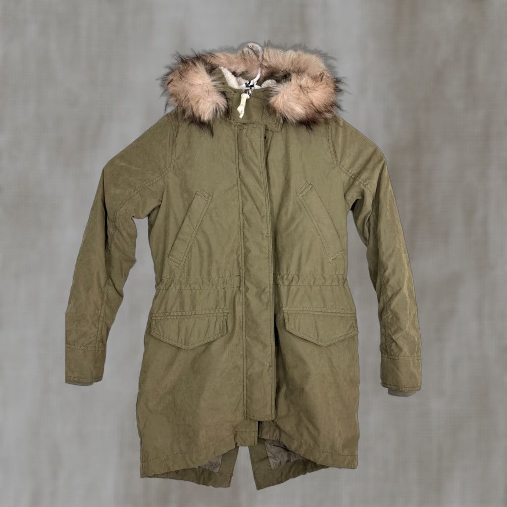 Abercrombie & Fitch Abercrombie Womens Small Olive Green Full Zip Suede Faux Fur Lined Parka Jacket Size S / US 4 / IT 40 - 1 Thumbnail