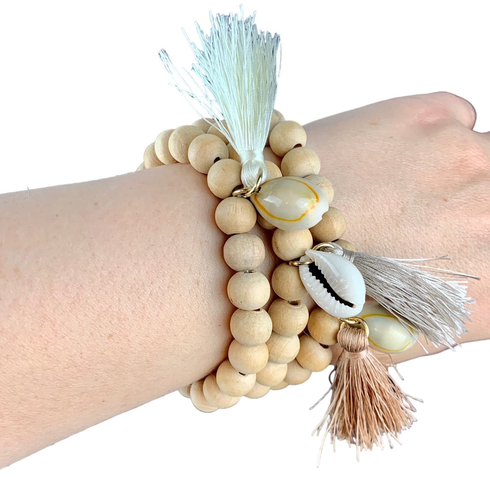 Other Wooden Bead Stretch Bracelet Cowrie Shell Tassel Boho x3 Size ONE SIZE - 4 Thumbnail