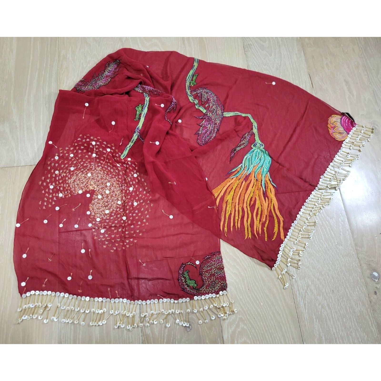image of Vintage Flying Fig Fiber Art Scarf Dandelion Floral Embroidery Beaded Silk Tasseled in White, Women