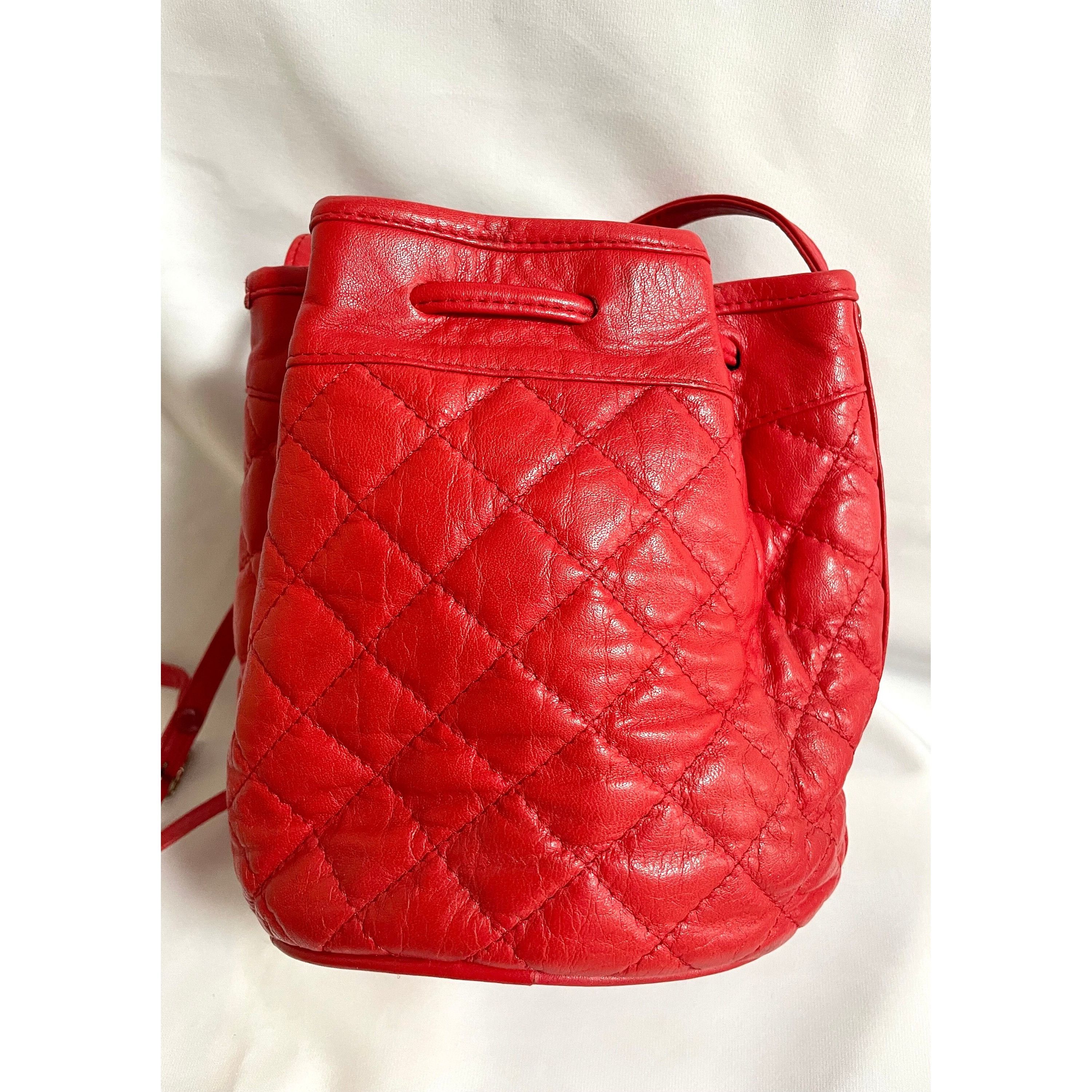 Vintage Nina Ricci red quilted leather mini hobo bucket bag