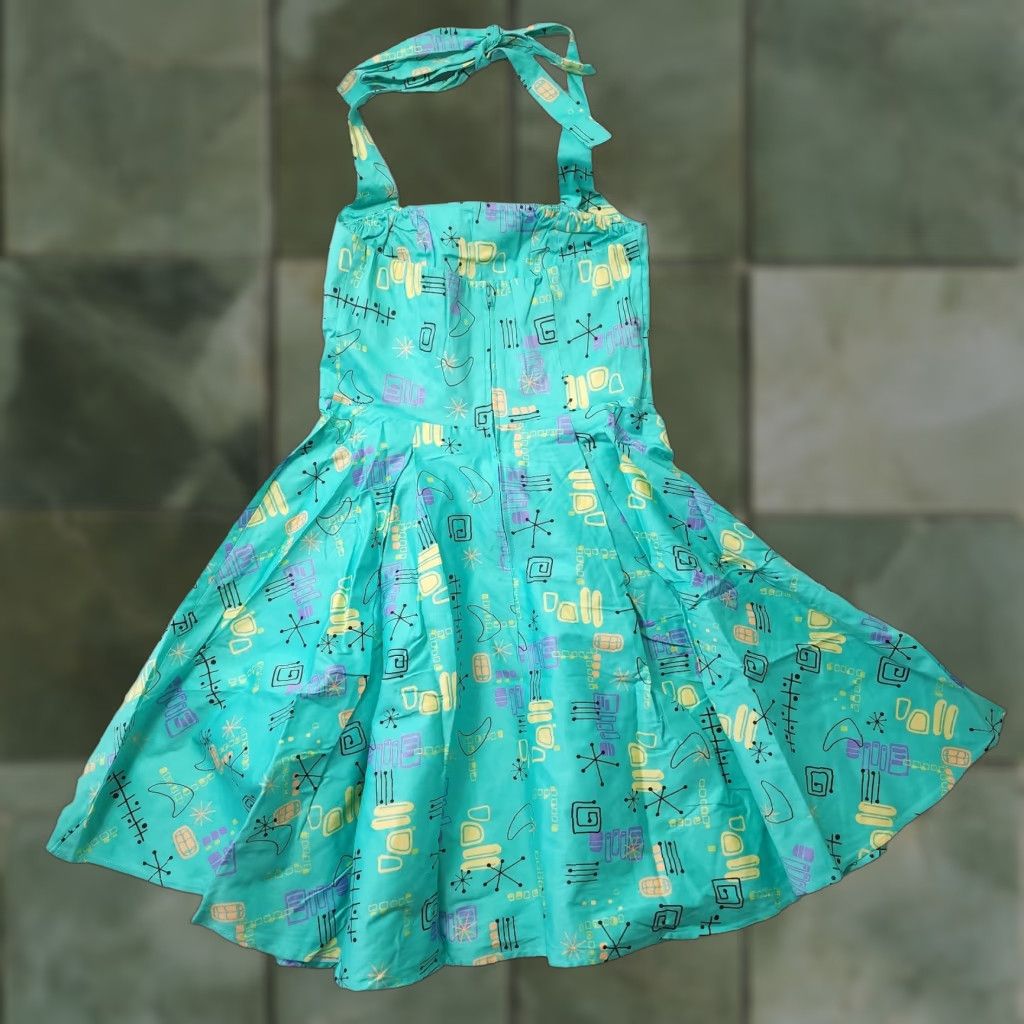 Atomic VINTAGE Pinup Couture Atomic Dress Fit Flare XL Teal 50s Retro Halter Rockabilly Vanity Dress Knee Length with Belt Womens XL Teal Size XL / US 12-14 / IT 48-50 - 1 Thumbnail
