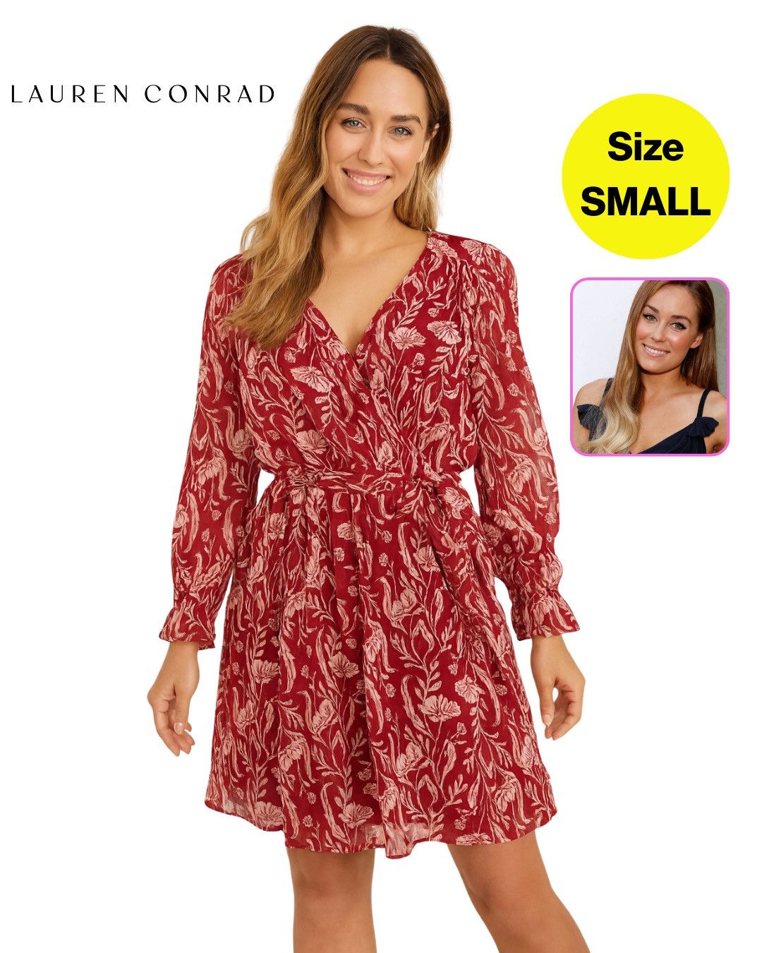 Lauren Conrad LAUREN CONRAD Red/Cream Floral Wrap Dress, Belted Size S / US 4 / IT 40 - 1 Thumbnail