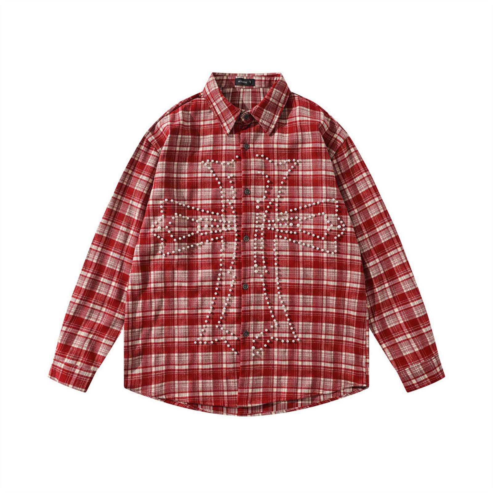 Flannel Gray Plaid Shirt with Pearl Studded Cross Size US M / EU 48-50 / 2 - 3 Thumbnail