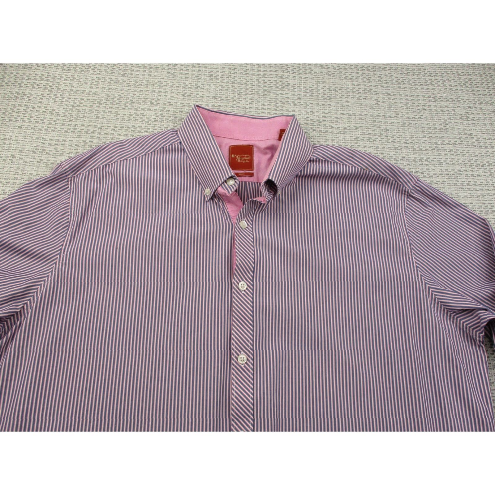 Vintage Penguin Munsingwear Shirt Mens Large Slim Fit Long Sleeve Pink Blue Striped Dress Shirt Size 46R - 4 Thumbnail