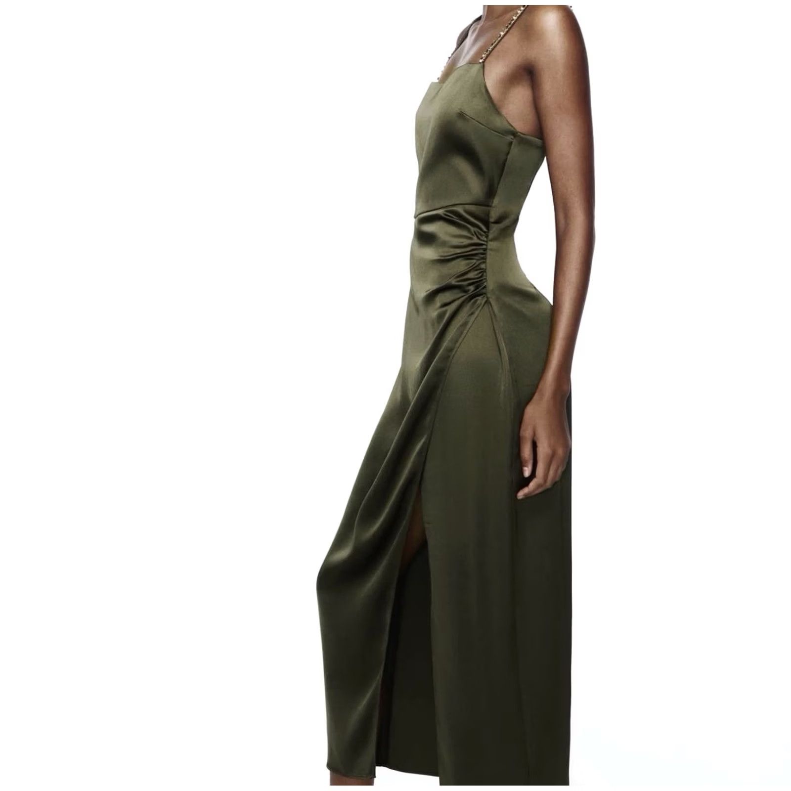 Zara Zara Beaded Satin Slip Dress - Womens Midi Green Satin Beaded Halter Mini Formal Nwot Small Size S / US 4 / IT 40 - 3 Thumbnail