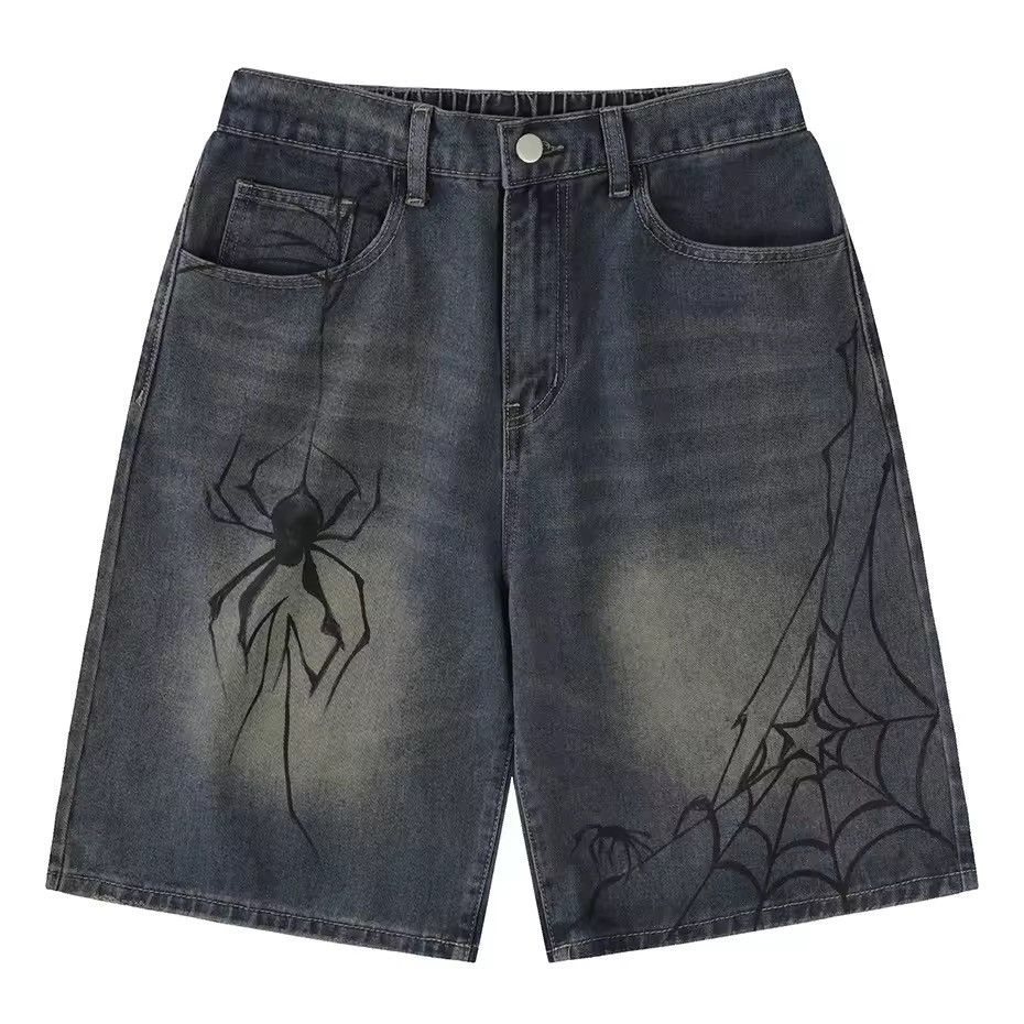Y2k Spider Cobweb Printed Shorts Denim