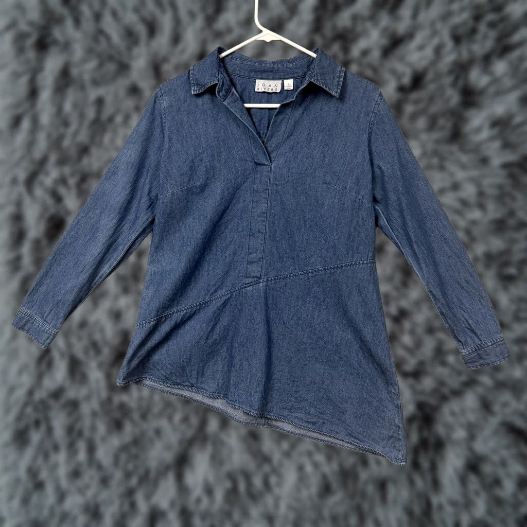 Vintage Joan Rivers Tunic Blouse Blue Cotton Denim Long Sleeve Collared Asymmetrical Hem Casual Top Women Size 6 Size M / US 6-8 / IT 42-44 - 1 Thumbnail