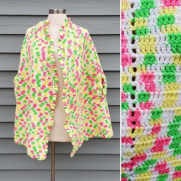 Handmade Handmade 80s Retro Neon Pink Green Yellow Poncho Cape One Si Size ONE SIZE - 1 Thumbnail