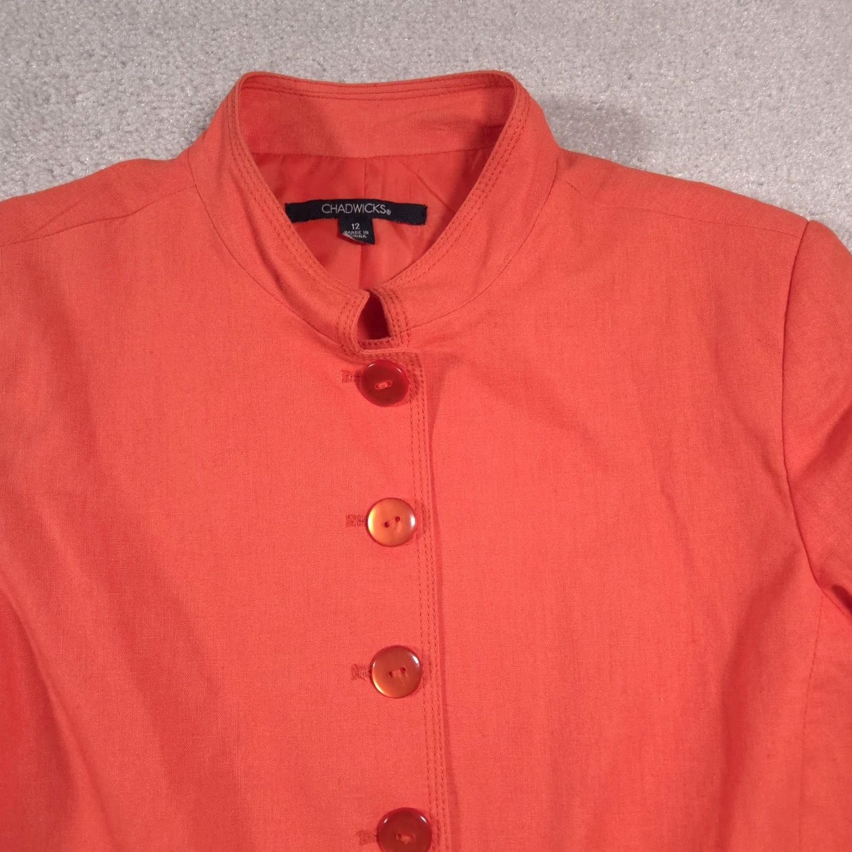 Vintage Chadwicks Jacket Women's 12 Orange Linen Cotton Stand Collar Button Front Pockets Size XL / US 12-14 / IT 48-50 - 3 Thumbnail