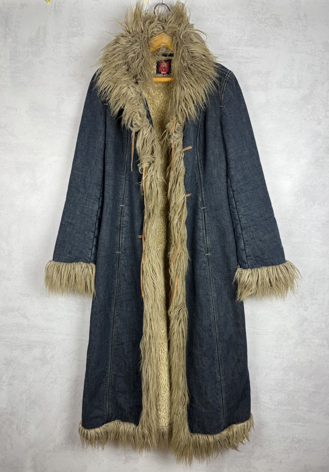 Vintage Y2K Miss Sixty Afghan Faux Fur Maxi Denim Coat