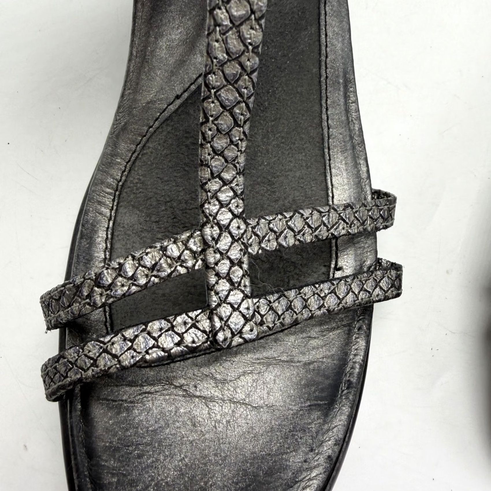 Vintage NAOT Loop Sandals Strappy Leather Pewter Snake Print 2" Heel Women 8 US 39 EU Silver Slide Slides Pewter Snake Print Leather NAOT Loop Womens Sandal Size US 8 / IT 38 - 8 Thumbnail