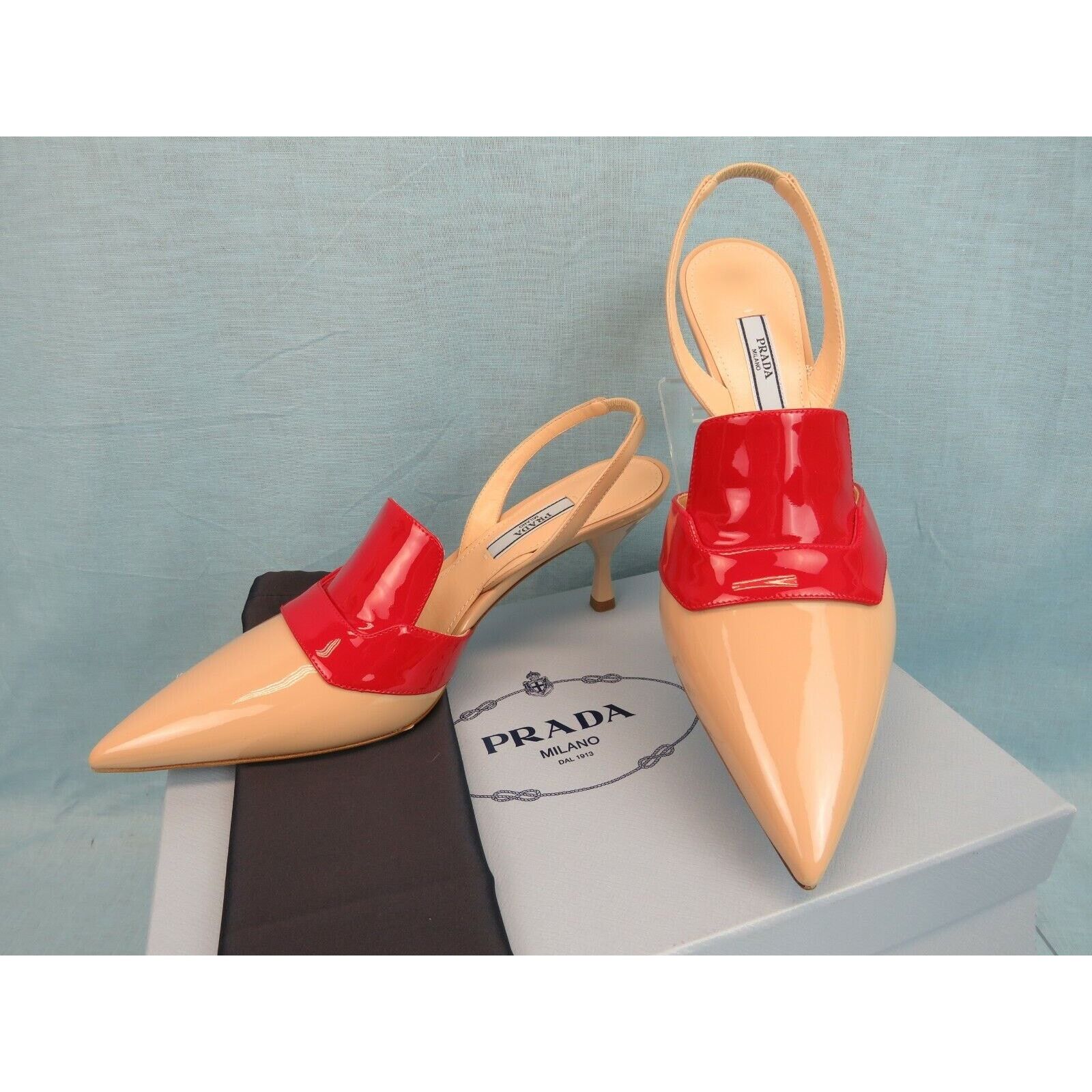 Prada 1I270L BEIGE RED PATENT LEATHER POINTED TOE MULES PUMPS 39 Size US 9 / IT 39 - 2 Thumbnail