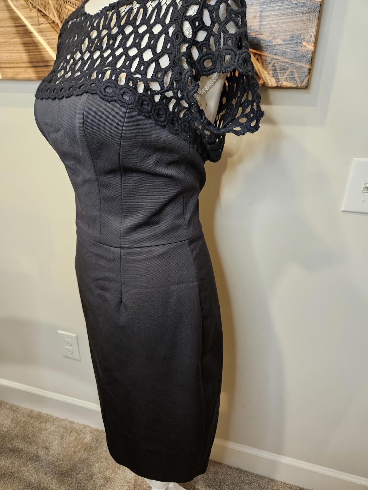 Designer Lela Rose Elegant Black Dress with Crochet Lace Detail #H63 Size M / US 6-8 / IT 42-44 - 2 Thumbnail